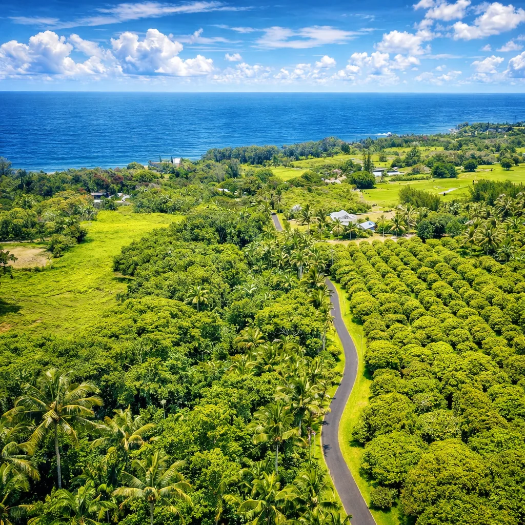 Road through lush Hamakua landscape toward the ocean
